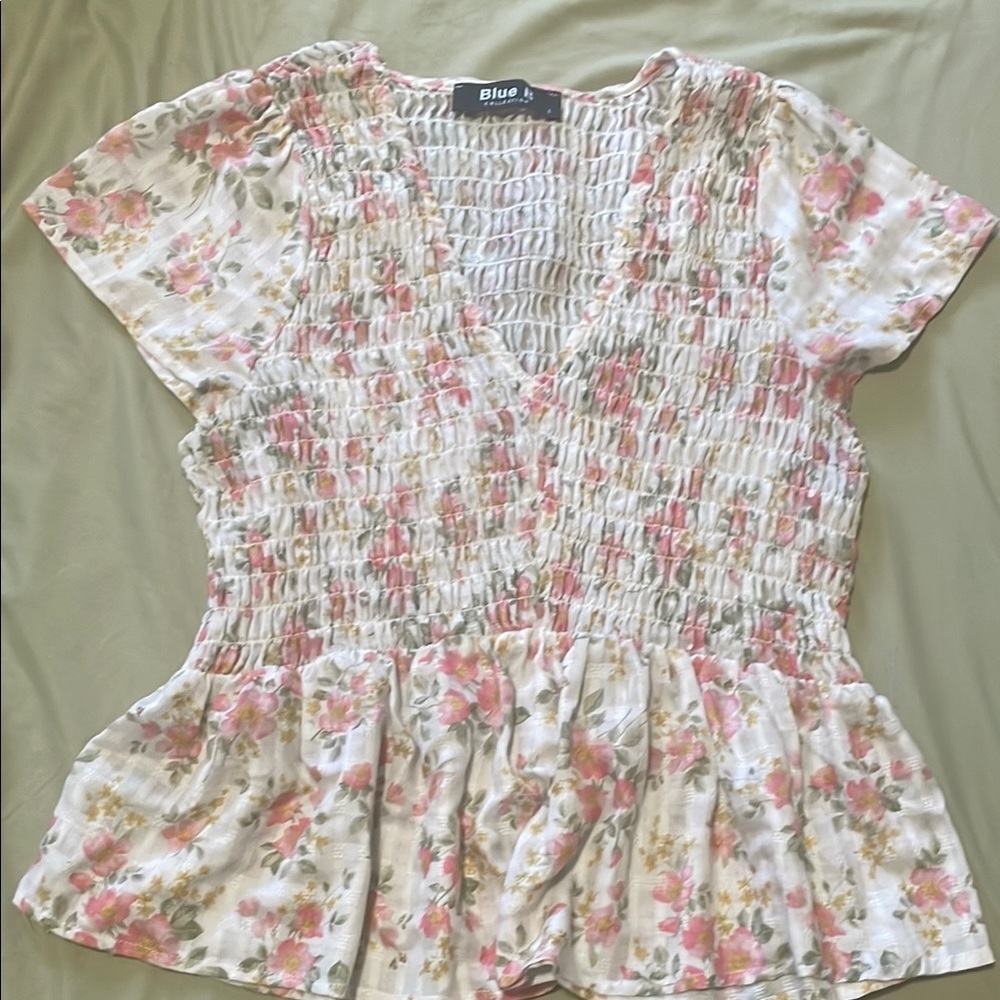 Cream Smocked Peplum Blouse